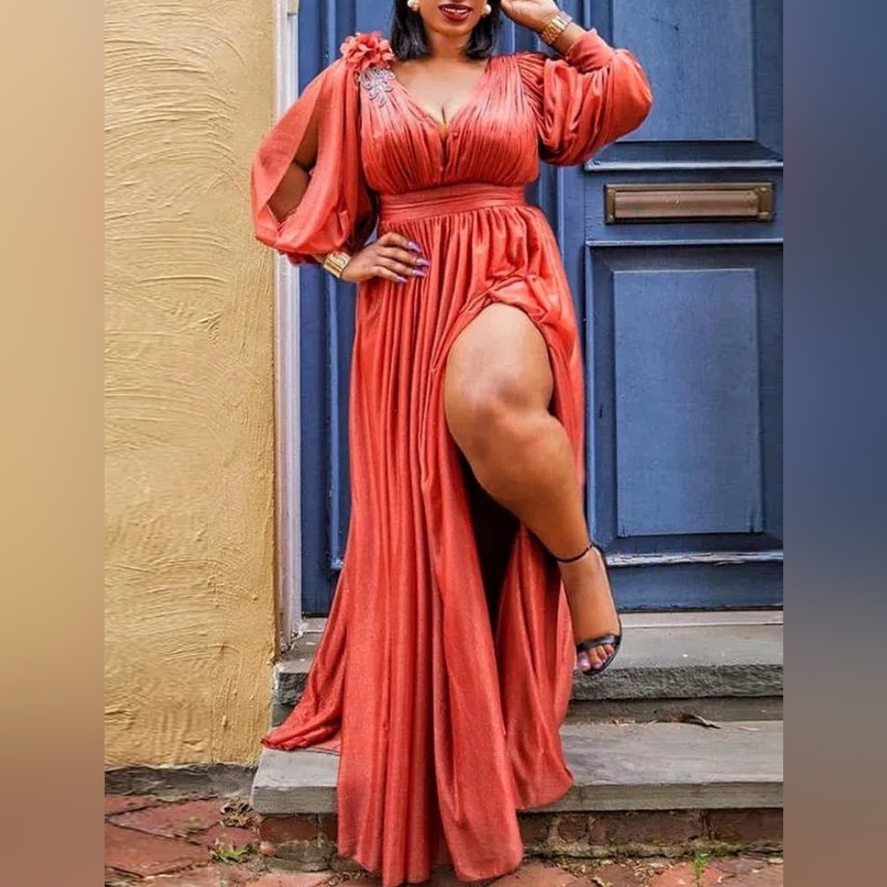 Sz 5XL (~24W+) Unbranded Coral Chiffon Split-Sleeve Plunge Gown Dress Front Slit